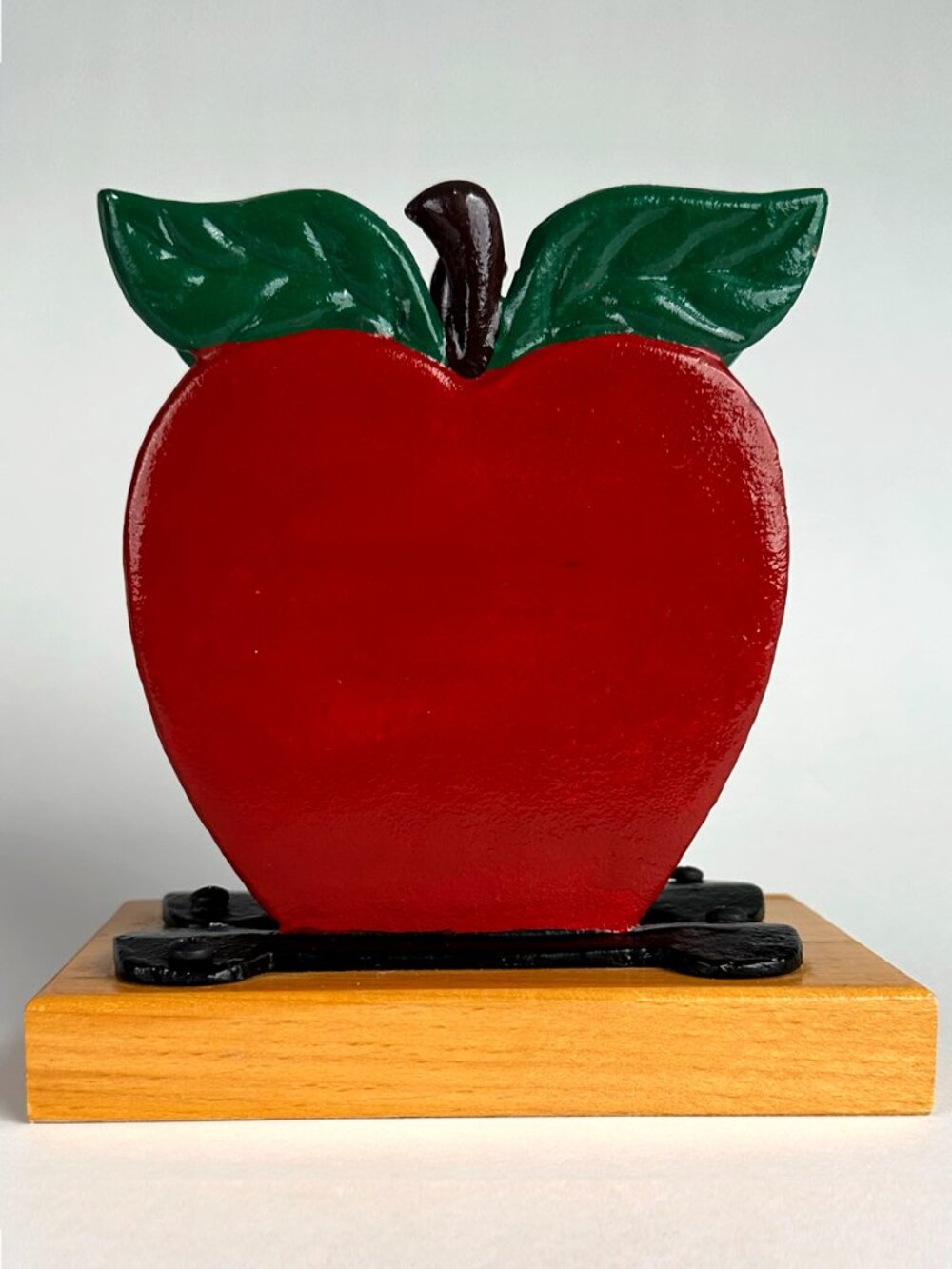Vintage Red Apple Cast Iron Napkin Letter Mail Holder with Wooden Base – Heavy